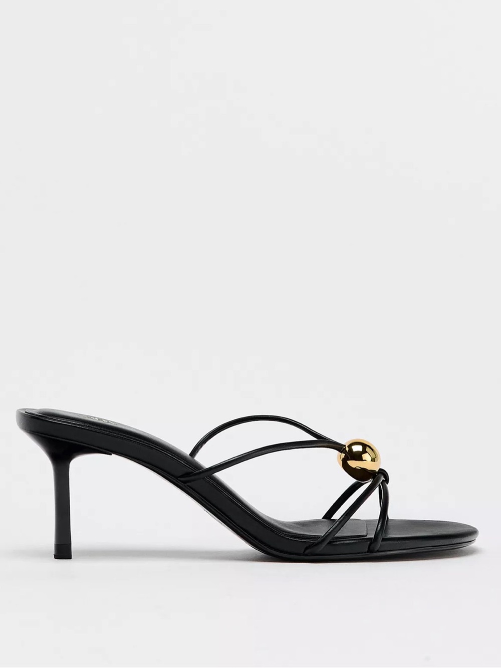 Zara Black Strappy Mule Heels with Gold Orb